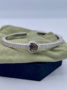 Judith Ripka Sterling Silver 925 Smoky Quartz Heart Cuff Bracelet CZ Pavé Cable